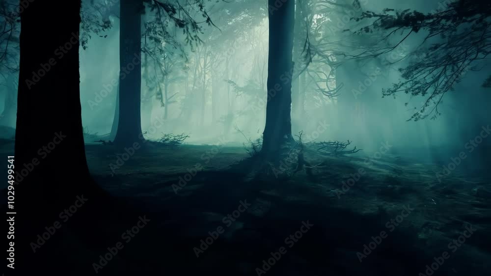 Aufkleber Sun rays are breaking through the branches of trees in a dark and foggy forest, creating a mysterious and eerie atmosphere