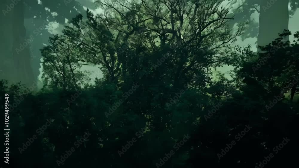 Poster sun shining through trees creates mysterious forest atmosphere with lush green foliage and dappled s