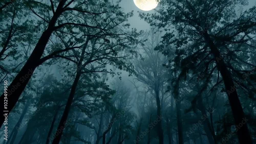 Poster Sunlight struggles through thick fog in a mysterious forest, creating eerie shadows and a tranquil atmosphere