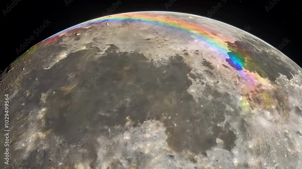 Poster The moon with many craters and a colorful atmospheric layer is seen from space with stars in the background