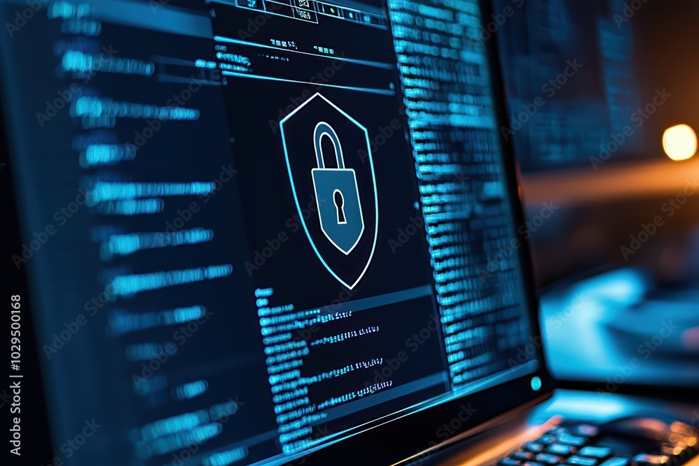 Poster close-up of a laptop screen displaying cybersecurity graphics and coding for data protection and onl