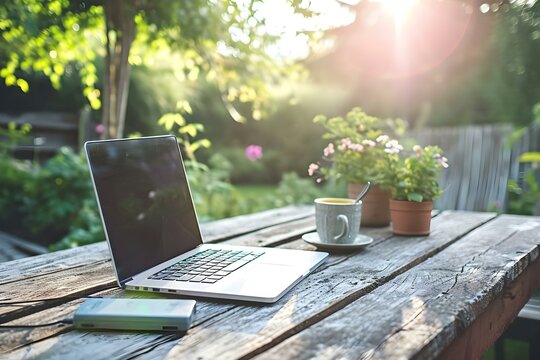 Cozy outdoor workspace with laptop and coffee in sunlight