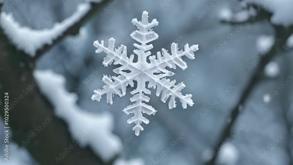 Aufkleber Detailed close up of a snowflake hanging in the air, showcasing its intricate and unique structure against a blurred winter forest background