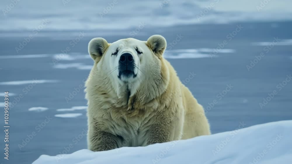 Poster Large polar bear is sitting on a snowy ridge overlooking a vast frozen ocean, its white fur blending in with the surrounding snow and ice