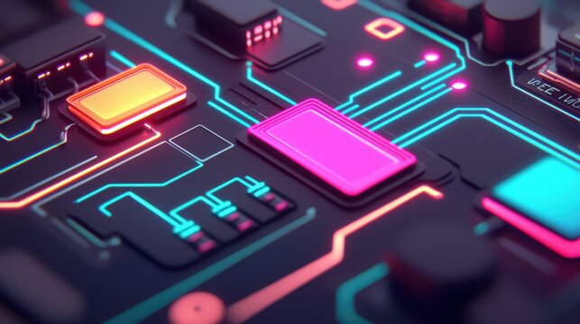 Close-up view of a modern circuit board with bright neon colors, showcasing advanced electronic components and intricate connections.