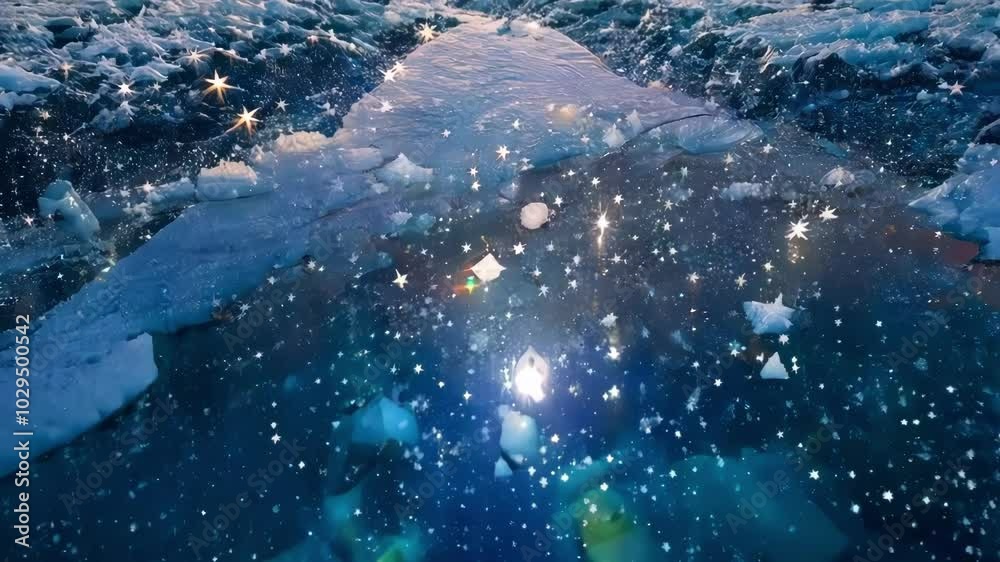 Poster Sunlight is shining through the ice of a frozen lake, creating an effect that looks like a starry sky. The ice is a deep blue color and the sunlight creates a warm glow