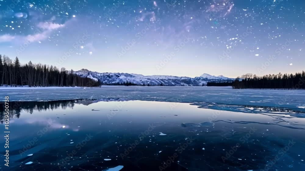 Leinwandbilder snow covered mountains are reflected in a partially frozen lake under a starry night sky. patches of