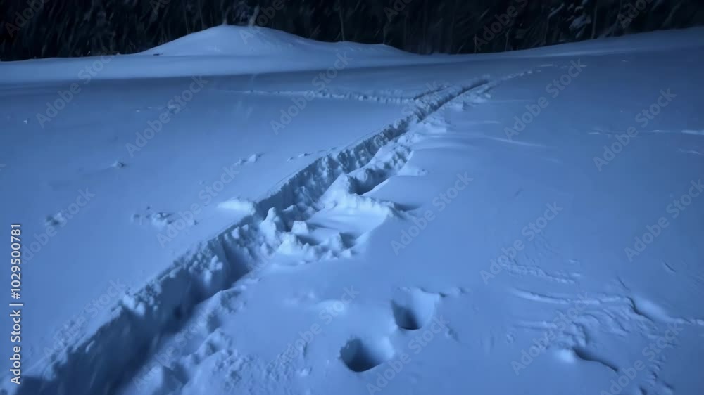 Poster snowmobile tracks are illuminated by the moon as they lead through a snowy landscape at night, with 