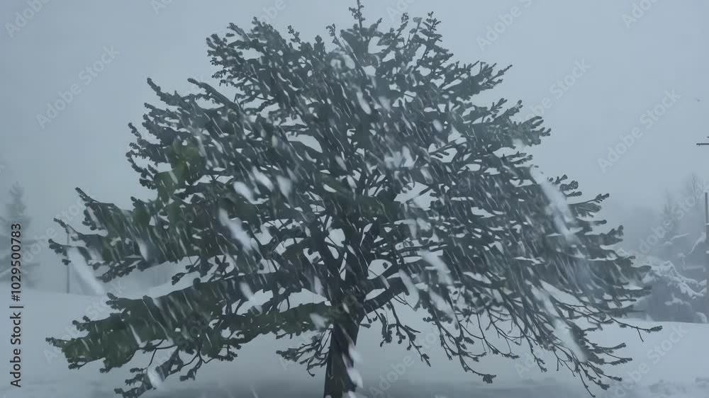 Poster lone tree is enduring a heavy snowstorm, with snowflakes blowing through its branches, creating a se