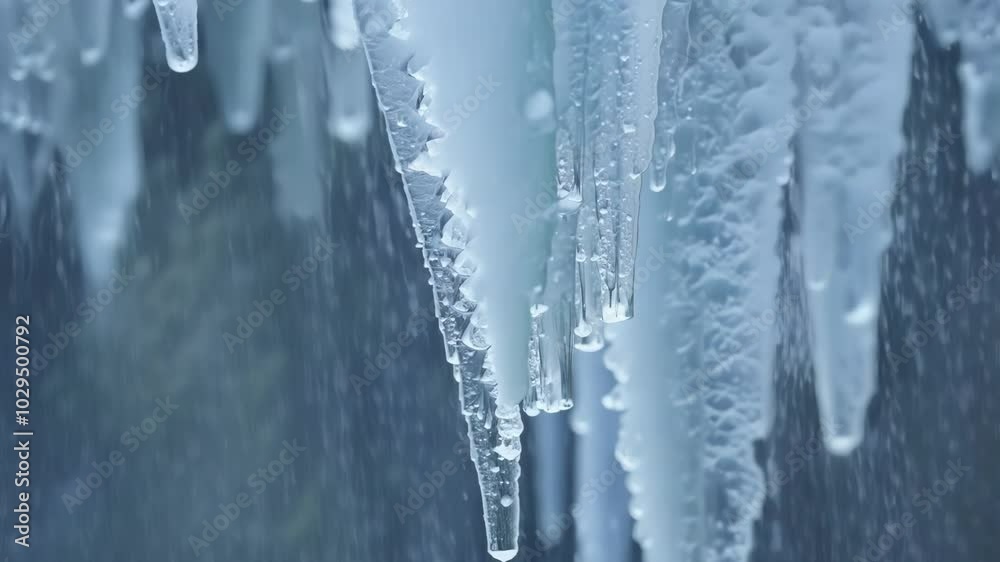 Poster close up of melting icicles with water droplets, bringing the promise of warmer weather. the melting