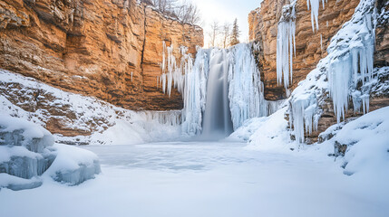 A frozen waterfall surrounded by towering cliffs with icicles forming from the edges and snow blanketing the ground.