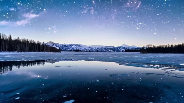 Snow covered mountains are reflected in a partially frozen lake under a starry night sky. Patches of ice interrupt the reflection of the mountain range