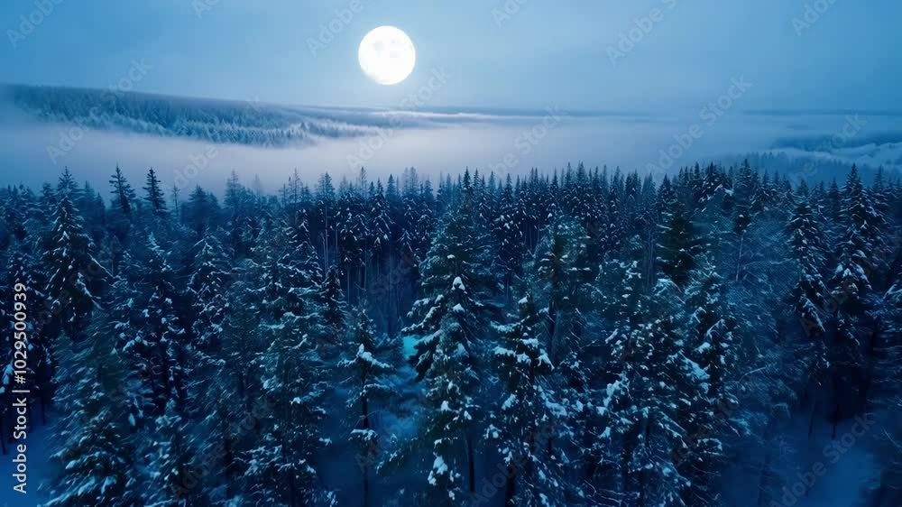 Poster foggy winter night blankets a snowy forest under a full moon, creating a serene, tranquil scene with