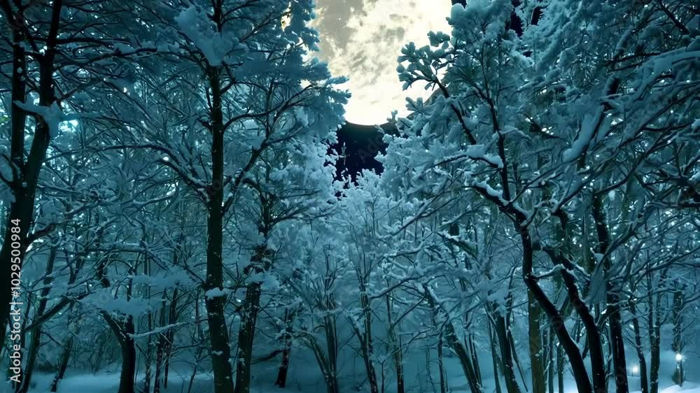 Poster Snowy path is winding through a forest at night, the trees are covered in snow and illuminated by the moon creating a magical atmosphere