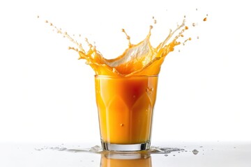 Panoramic glass of orange juice with splash isolated on white background