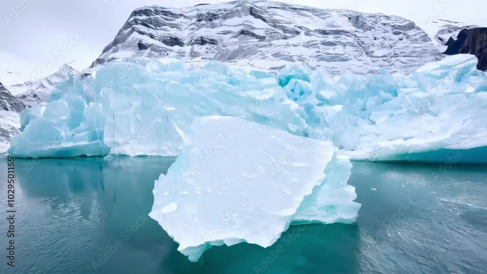 Aufkleber turquoise iceberg floating in a glacial lake with snowy mountains in the background reflecting in th