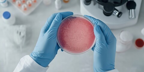 A biochemists hands in blue gloves culturing bacteria in a petri dish