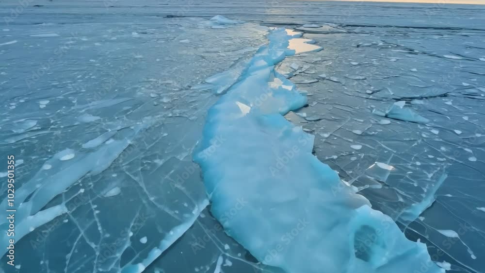 Poster The frozen lake surface displays turquoise and white ice formations with intricate cracks, creating a mesmerizing natural design