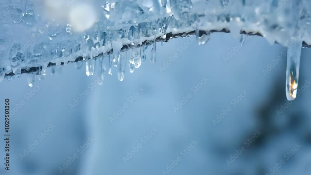 Poster melting icicles drip water on a cold winter day, creating a beautiful icy scene against the blue sky