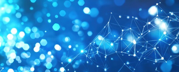 Fototapeta premium Blue background with digital technology, science, and artificial intelligence geometric shapes connected by dots in a hexagonal shape on a blue color Generative AI