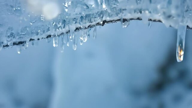 Melting icicles drip water on a cold winter day, creating a beautiful icy scene against the blue sky. The intricate patterns highlight the danger of falling ice, conveying tranquility and wonder
