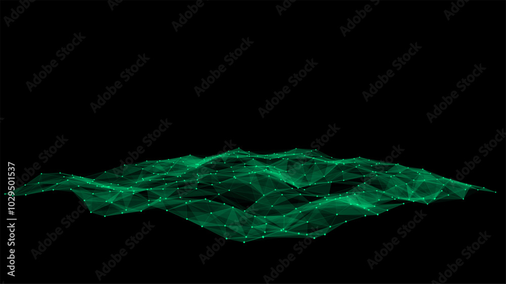 Poster green futuristic moving wave. digital background with moving glowing particles and lines. big data v