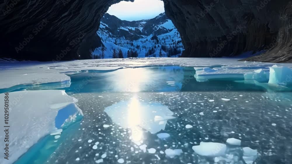Poster sunlight reflects beautifully on a frozen lake in a cave entrance, creating a magical atmosphere. gl