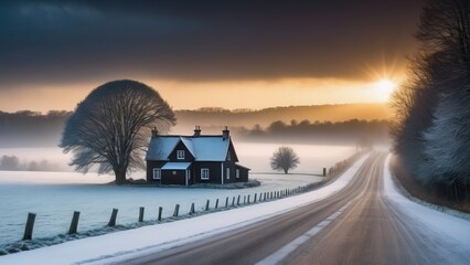 A charming rural winter landscape with a cozy cottage beside a winding road. The snow-covered fields and frost-covered trees glow under the soft morning light, creating a serene countryside atmosphere