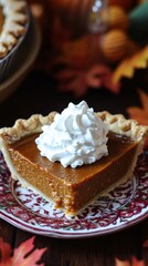 A slice of pumpkin pie with whipped cream