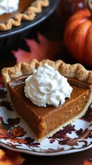A slice of pumpkin pie with whipped cream