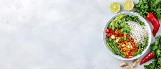 Fresh and colorful bowl of salad with vegetables, herbs, and spices, placed on a gray background.