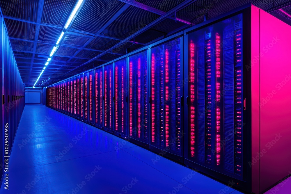 Poster futuristic data center featuring advanced server racks with colorful led lights, exemplifying modern