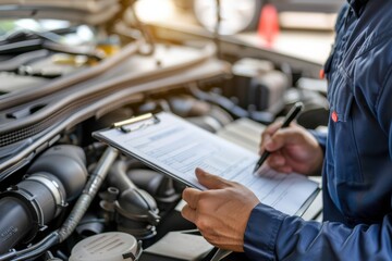 Fototapeta premium Mechanic documenting repair checklist during engine inspection