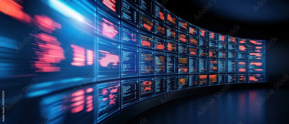 Poster futuristic data visualization wall displaying graphs and analytics in a dark, high-tech environment.