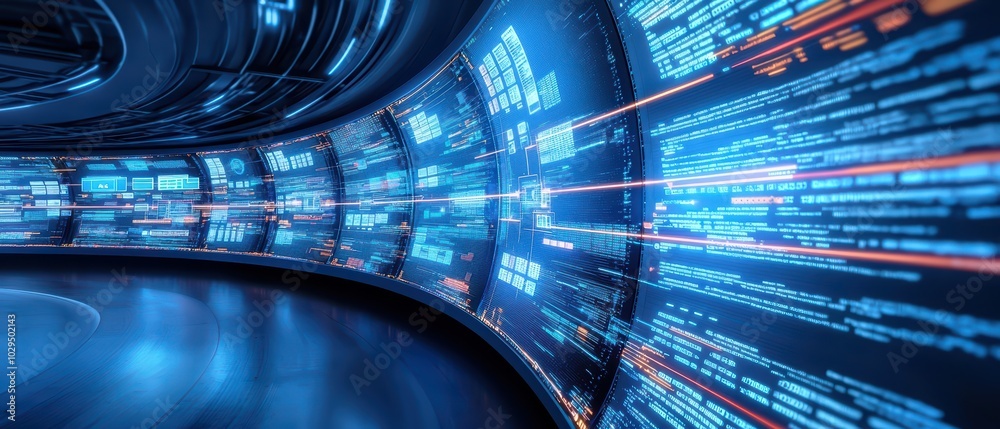 Poster futuristic digital interface with glowing blue data streams and code, illustrating advanced technolo
