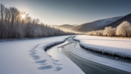 Fototapeta premium peaceful winter landscape with a river winding through a valley blanketed in snow. Frost-covered trees stand along the riverbanks, and jagged mountain peaks rise against the clear sky. The sun peeks t