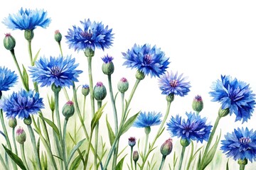 Watercolor painting of cornflowers on a white background with a tilted angle