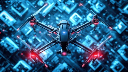 Fototapeta premium Futuristic drone hovering over a digital city background with blue lights.