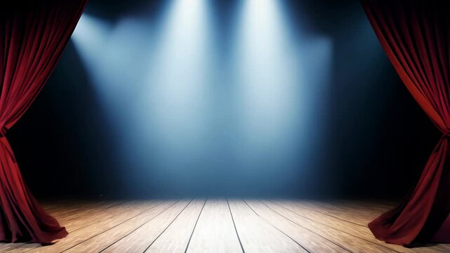 The stage is empty and the red curtain is open, revealing a blank stage. The curtains are red and the lighting is dim, creating a dramatic atmosphere