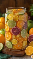 Vaso de sangría repleto de frutas frescas, como naranjas, limones y fresas, colocado sobre una...