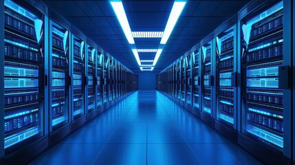 Futuristic server room with blue lighting and racks of data storage equipment in a modern tech environment.