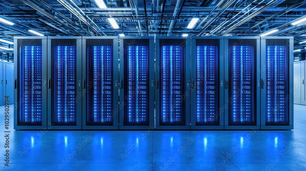 Poster high-tech server room with rows of illuminated servers and complex cabling, showcasing modern data s