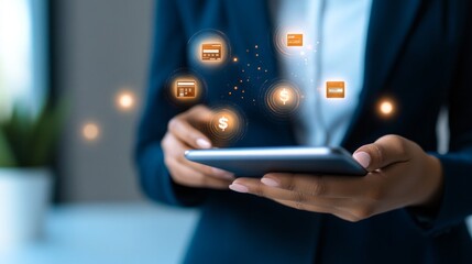 A business professional uses a tablet at a modern office to manage financial transactions in the afternoon