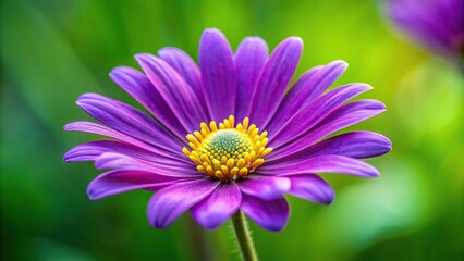 Obraz premium Purple flower with yellow stamens on a green background with shallow depth of field