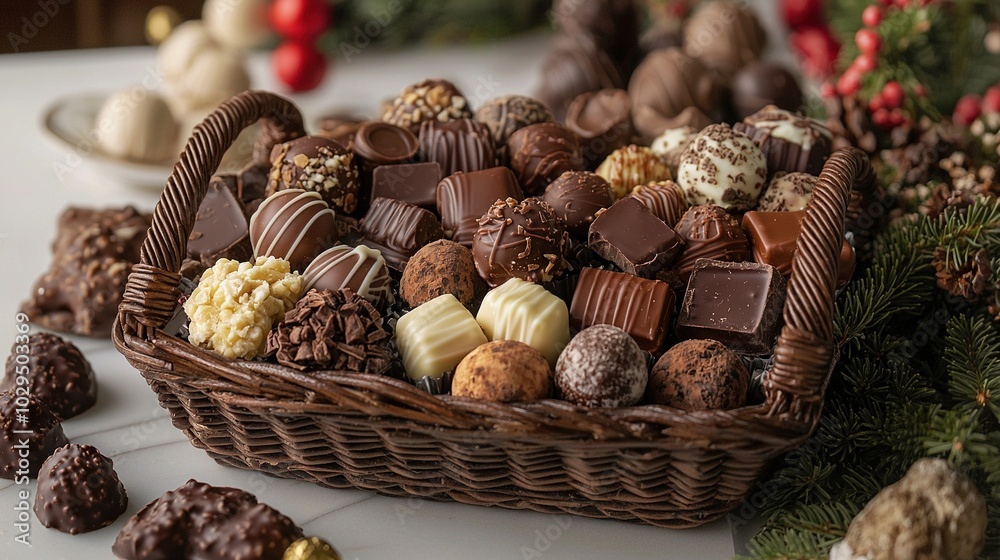 Canvas Prints   A wicker basket brimming with various chocolates sits atop a table surrounded by lush greenery