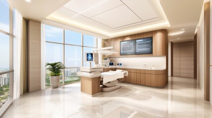 Fototapeta premium Modern dental clinic interior with sleek design and large windows, showcasing advanced equipment and a clean, bright atmosphere.