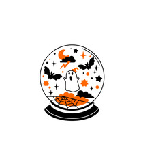 Vector illustration Halloween Crystal ball, Glass ball,  ghost, banner, card, cartoon doodle