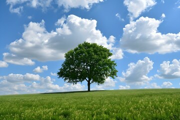 Lone green tree standing in an open grassy field