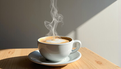 Espresso macchiato with heart-shaped foam and steam, cozy moment in a white cup on a wooden table