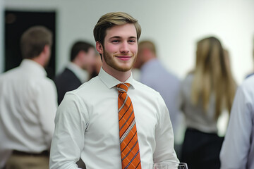Naklejka premium Young man in a white shirt and orange tie smiles at a celebratory gathering